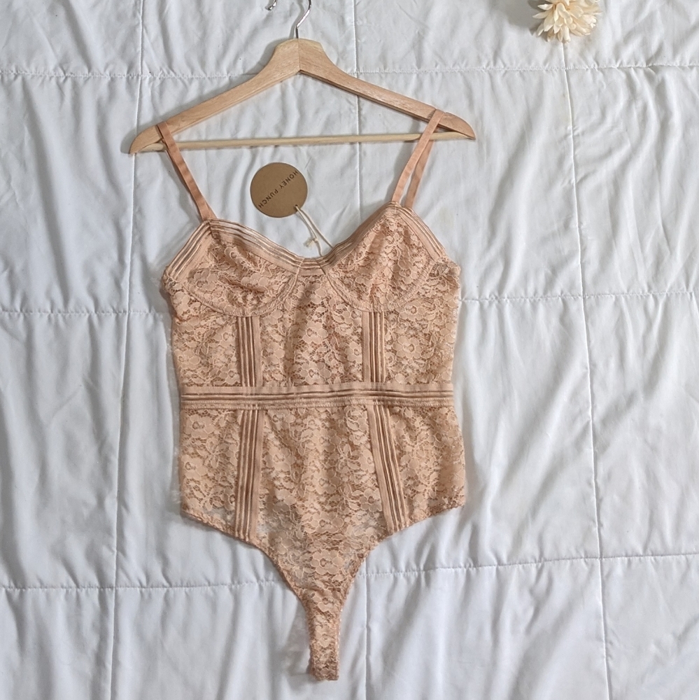 Lace bodysuit, cream blush